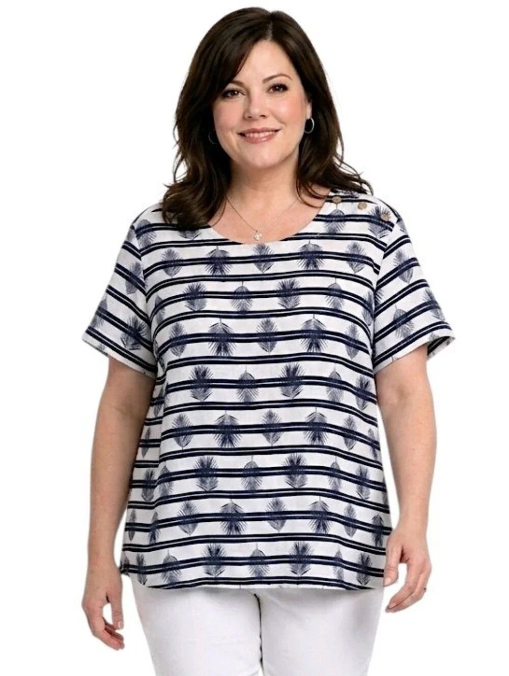 Lands' End Navy & White Striped Linen Palm-Print Button-Shoulder Blouse Size 3X